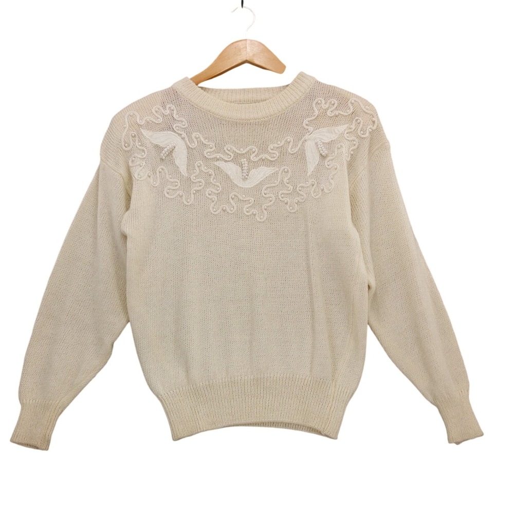 Vintage Dana Scott Cream Pearl Embellished‎ Knit Sweater Top Sz M